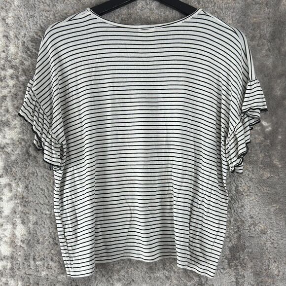 Caution To The Wind Size S Striped Short Fluttered Sleeves White Top Casual - Picture 3 of 7